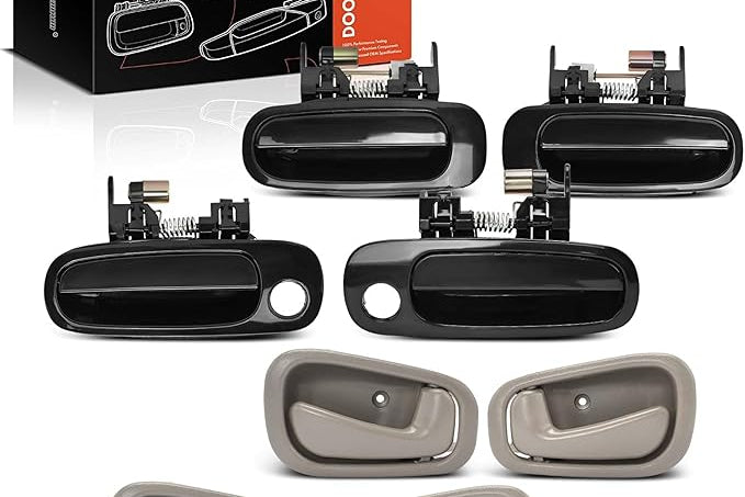 Manijas de puerta interiores y exteriores compatibles con Toyota Corolla y Chevy Prizm 1998-2002, paquete de 8, lado delantero y trasero del conductor y del pasajero, negro liso y gris