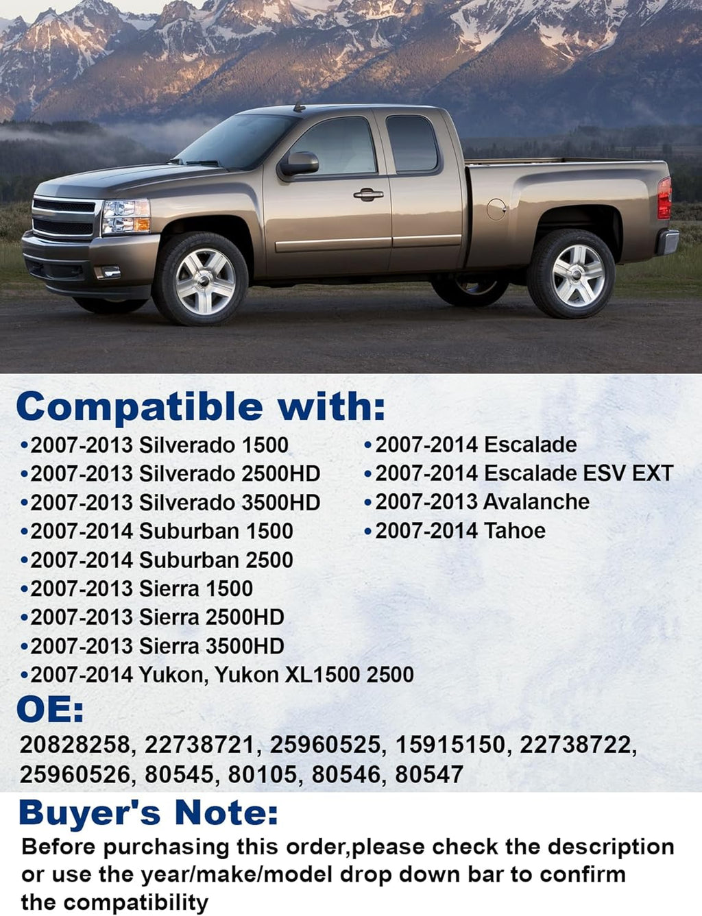 2007-2013 Silverado Suburban Tahoe Avalanche Sierra Yukon Cadillac Escalade, Replaces# 22738721, 22738722